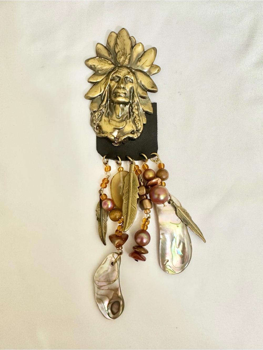 Vintage Handmade Native American Brass Feather & Abalone Shell Dangle Brooch